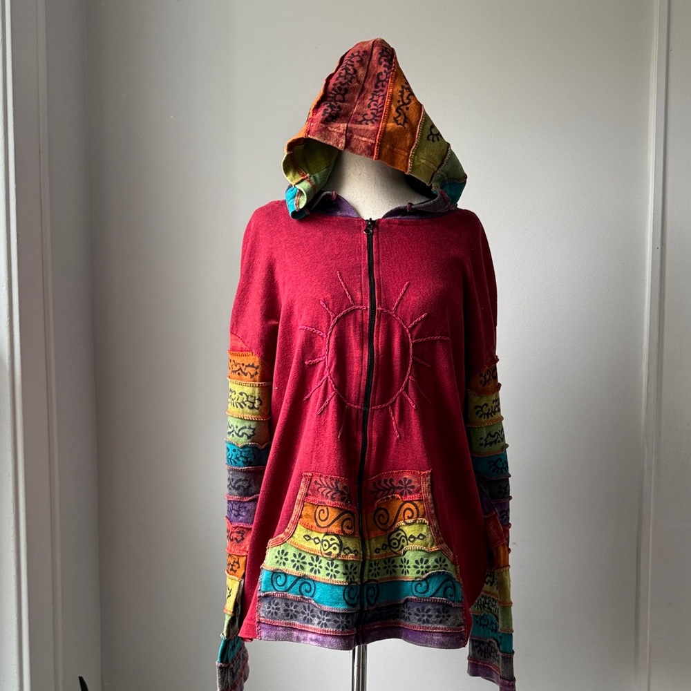 Red Boho Rainbow Hooded Zip-Up Jacket XXL multi colored Sweater with sun